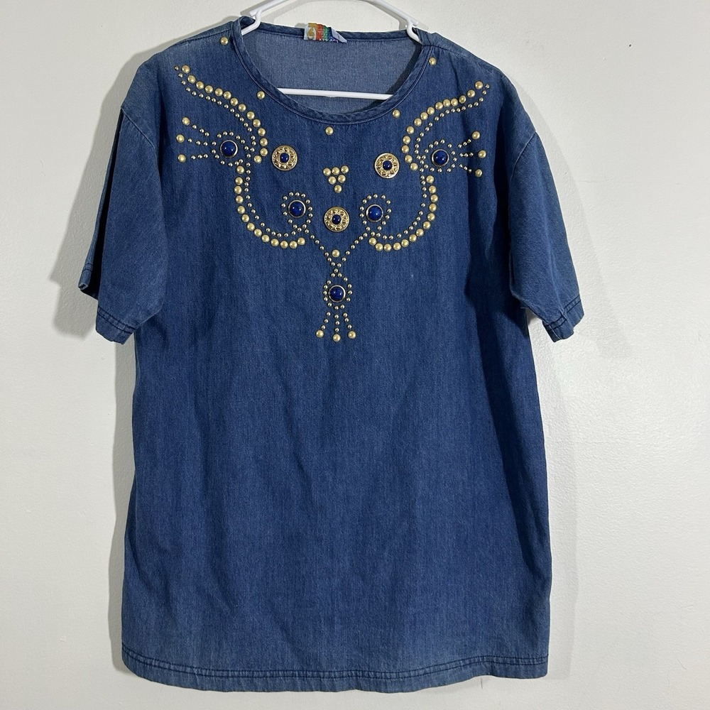 Vintage 1980 Visage Blue Denim Studded Tunic Top Size Medium Women's Casual Soli